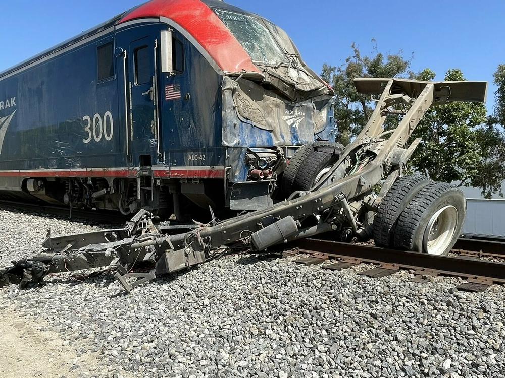 An Amtrak train struck a public works vehicle in Moorpark, Calif., on Wednesday, sending 16 people to the hospital.