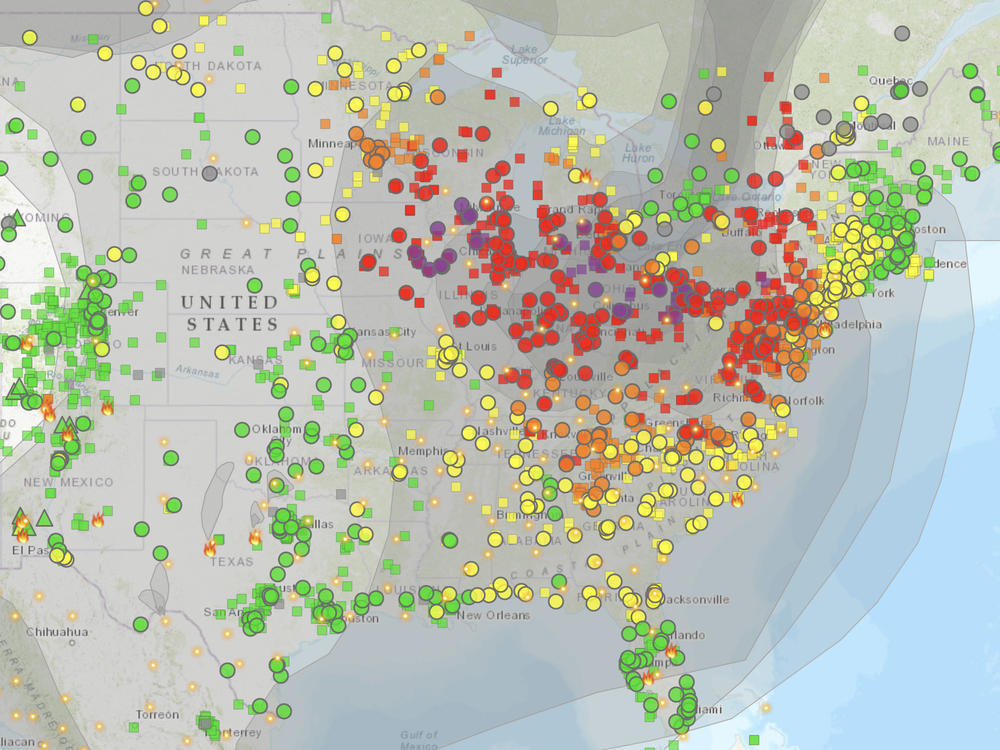 Poor air quality triggered orange, red and purple alerts over a large chunk of the U.S. on Thursday, as seen in this map published by the federal air quality site AirNow at 7 a.m. ET.