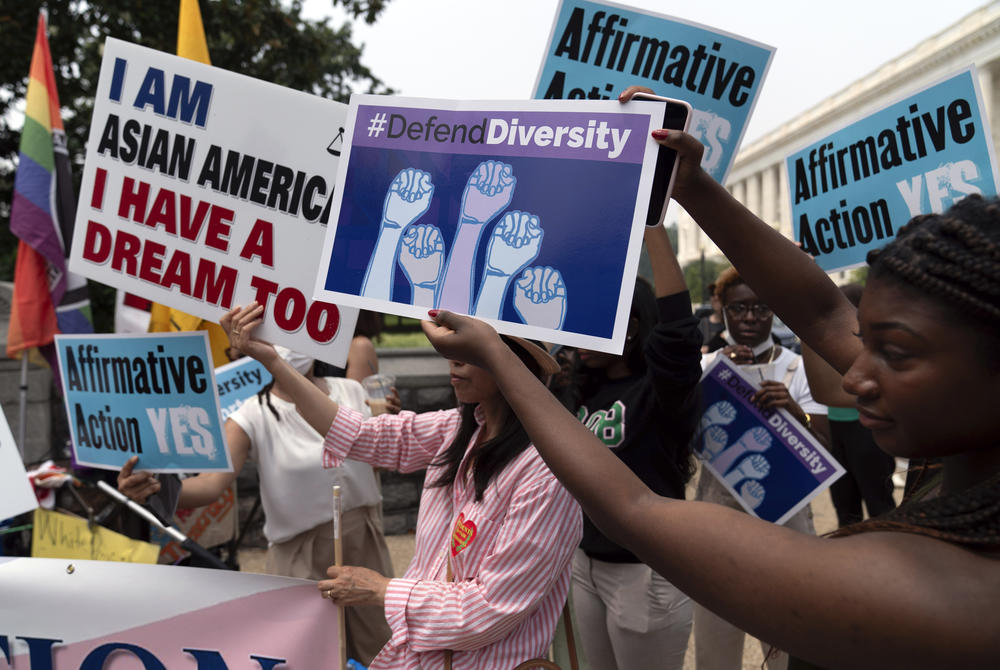 Demonstrators protest outside of the Supreme Court in Washington, D.C., on Thursday, after the Supreme Court struck down affirmative action in college admissions, saying race cannot be a factor.