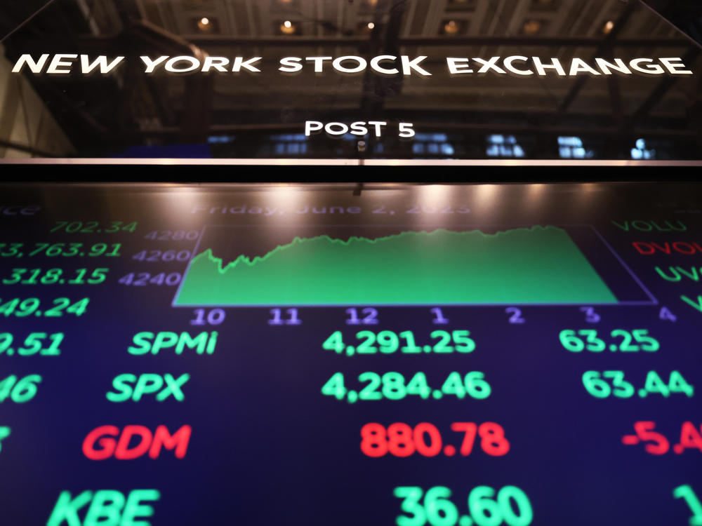 Markets have rallied recently as the economy has proved sturdier than expected and as investors have latched onto artificial intelligence-related shares. Here, stock market numbers are displayed at the New York Stock Exchange on June 2.