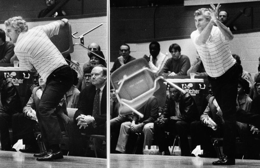 In 1985, Indiana University basketball coach Bobby Knight winds up and pitches a chair across the floor during a 72-63 loss to rival Purdue University.