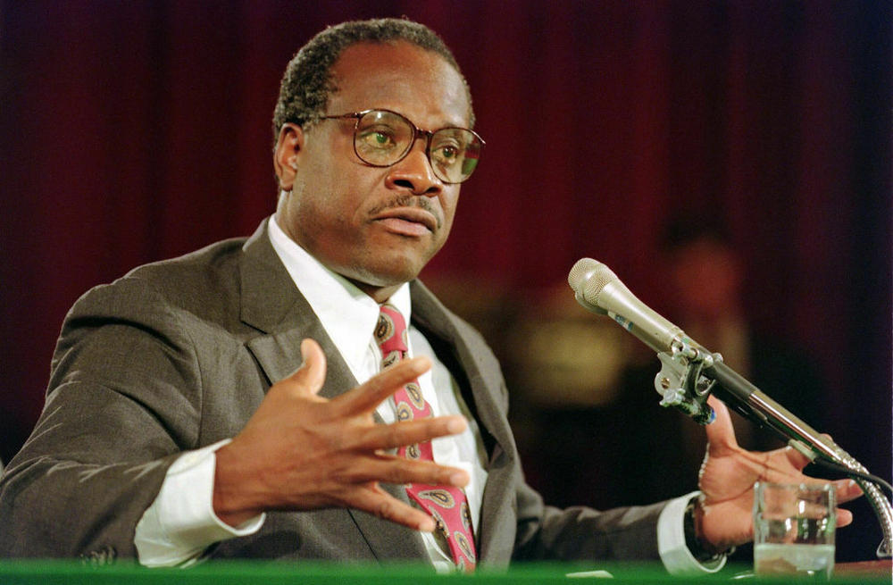 Then-Supreme Court nominee Clarence Thomas testifies before the Senate Judiciary Committee in September 1991.