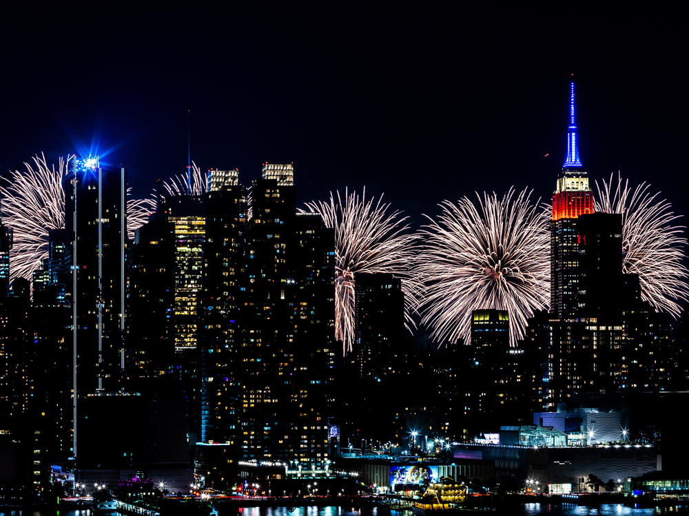 Fireworks explode over New York City's skyline on July 4, 2022, as seen from Weehawken, New Jersey.