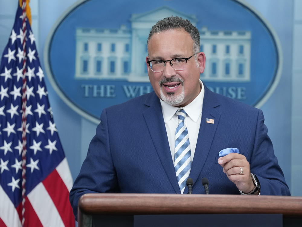 Education Secretary Miguel Cardona speaks during the daily briefing at the White House on June 30, after the Supreme Court made two rulings on higher education, including striking down President Biden's student loan plan.