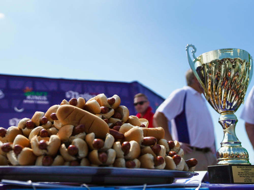 The celebratory hot dogs await their impending doom.