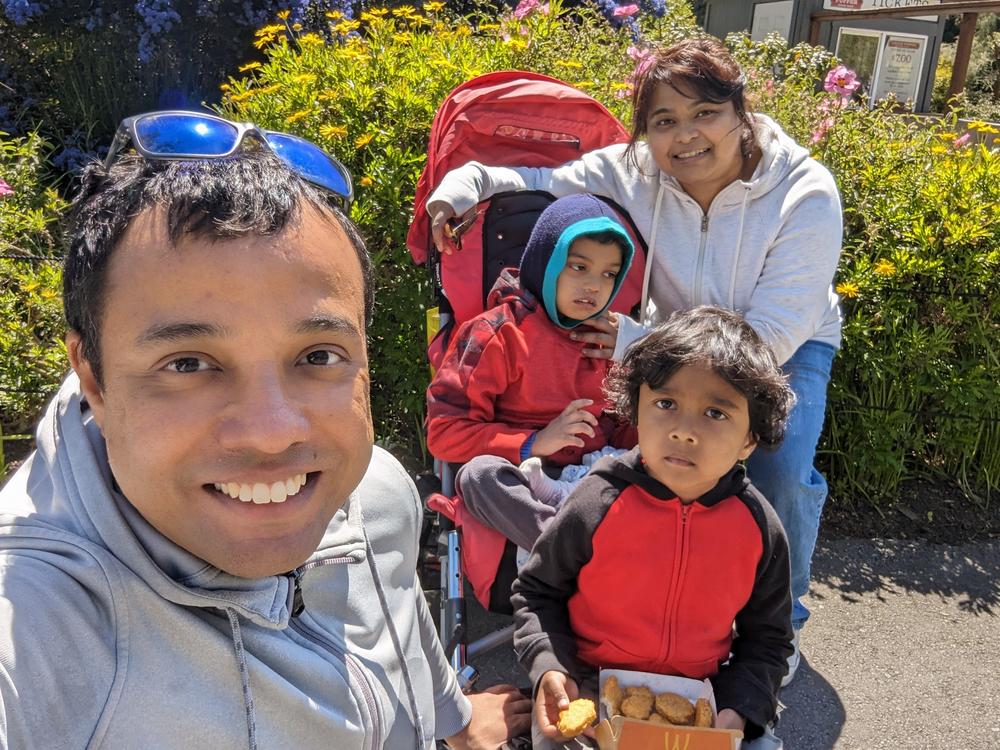 Sudarshana Sharma (right, with husband Angshuman Goswami and sons Achintya and Sudipta) got a job with Grubhub after six years out of the workforce. She says if she were a hiring manager, she'd give working moms extra points for time-management and multi-tasking skills.
