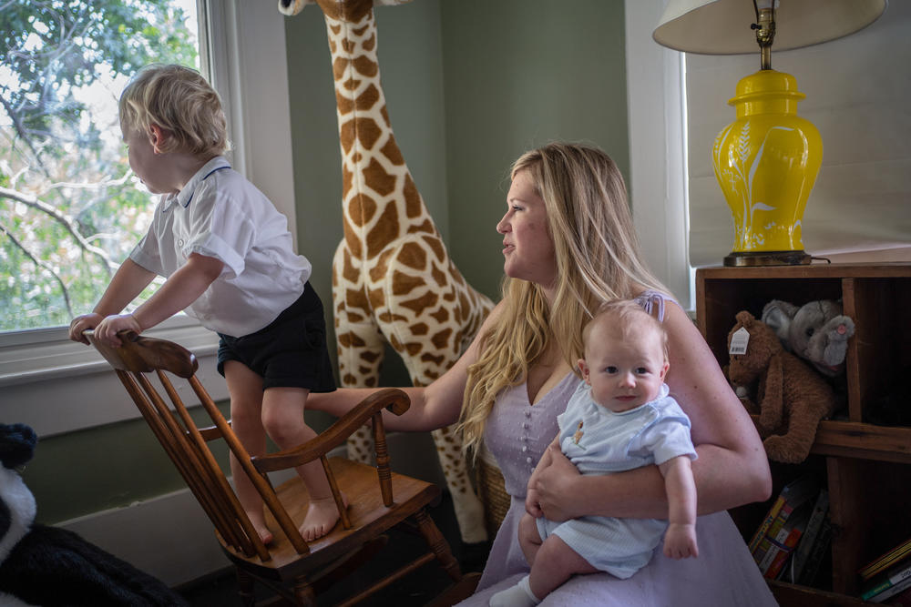 Lauren Miller with her 3-month-old son, Henry, and her toddler, Logan, at the home she shares with her husband, Jason Miller, in Dallas on June 22.