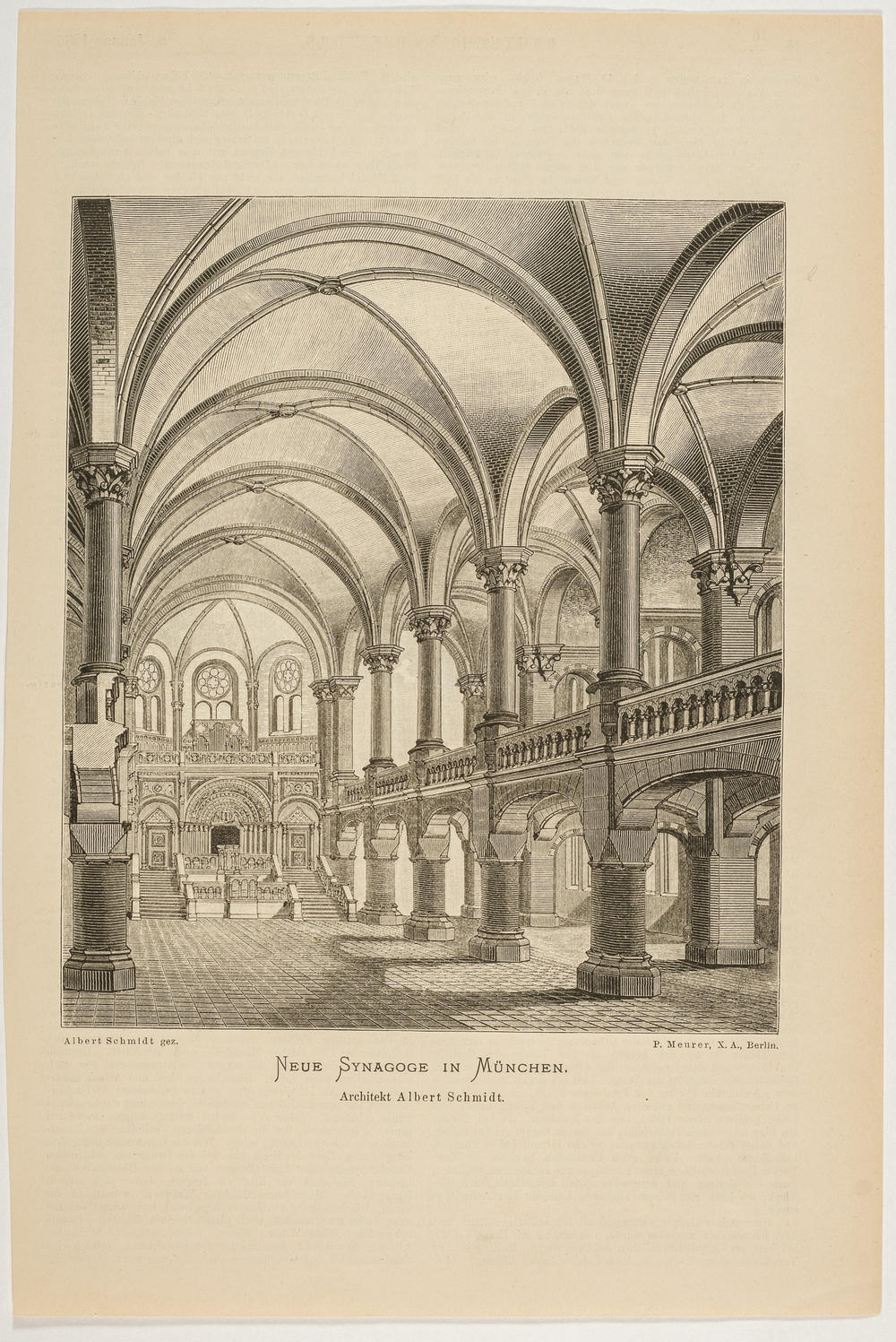 Interior of the main synagogue in Munich. Wood engraving by P. Meurer; Albert Schmidt (architect); <em>Deutsche Bauzeitung</em>; 1886.