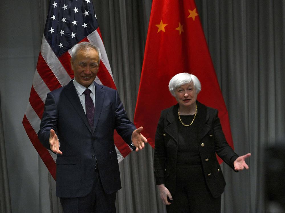 Yellen and former Chinese vice-premier Liu He pose for a picture ahead of their meeting in Zurich on Jan. 18, 2023. The relationship between China and the U.S. has soured over issues including frictions around Taiwan and the South China Sea.