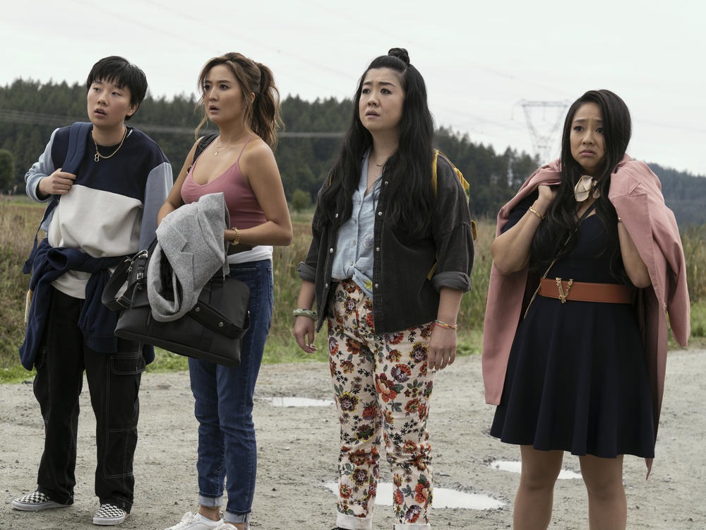 Deadeye (Sabrina Wu), left, Audrey (Ashley Park), Lolo (Sherry Cola) and Kat (Stephanie Hsu) in <em>Joy Ride.</em>
