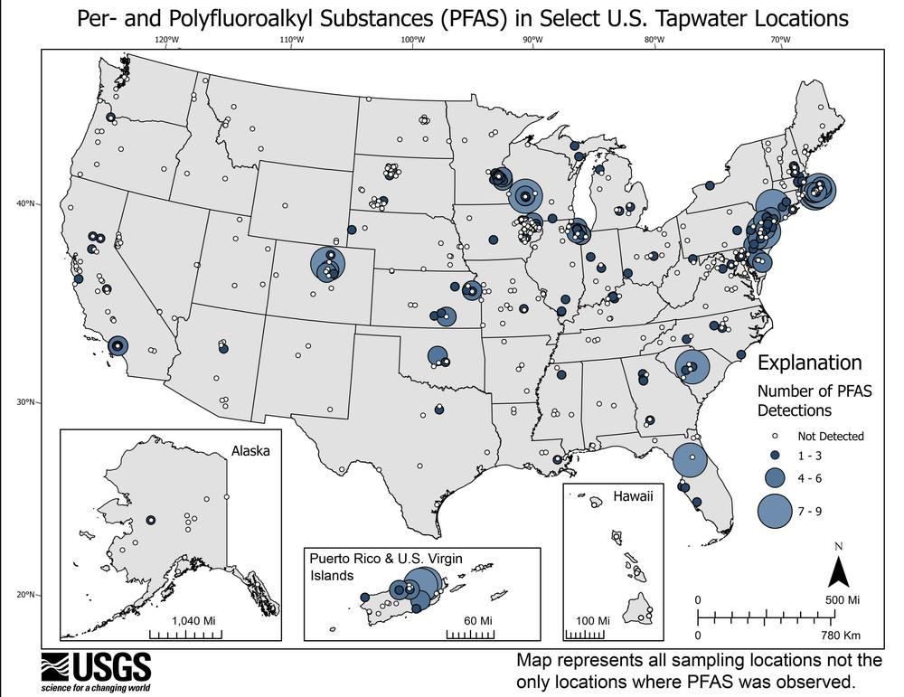This USGS map shows the number of PFAS detected in tap water samples from select sites across the nation.