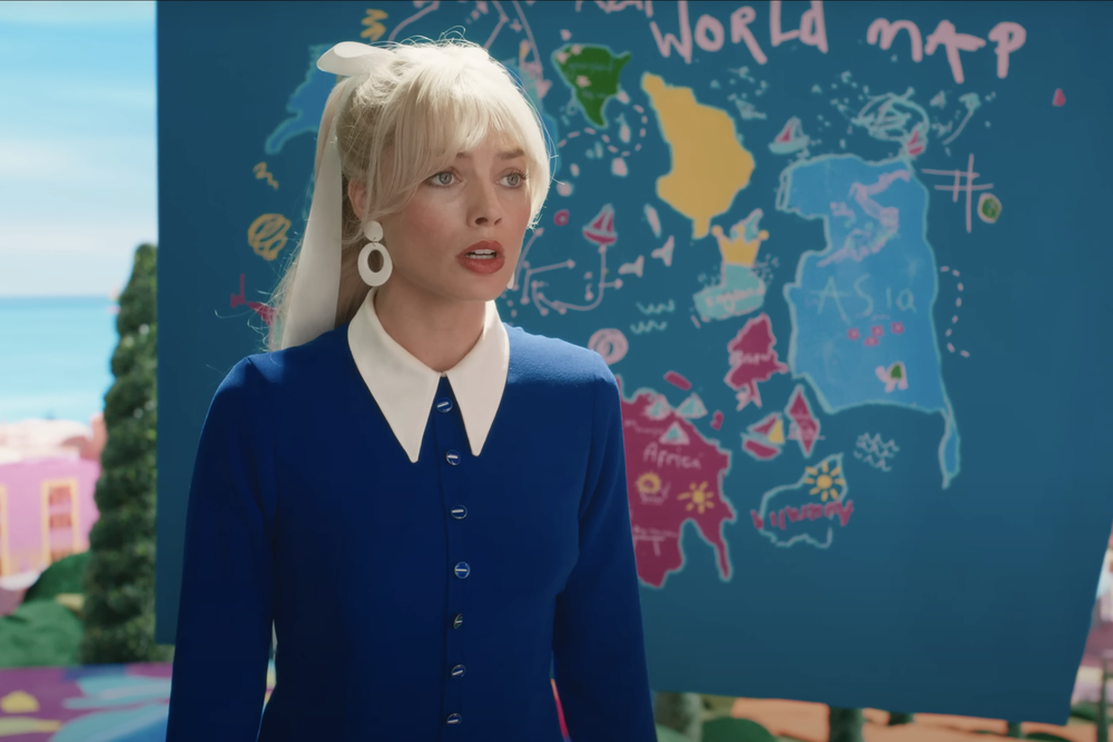 A screenshot from the Barbie trailer showing a world map that appears to depict a controversial nine-dash line.