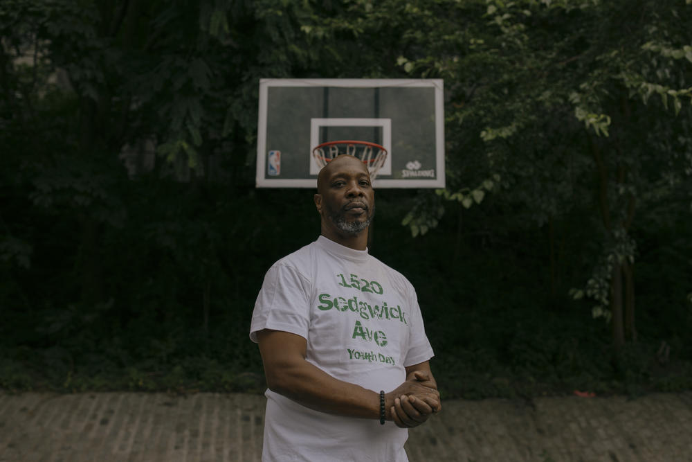 Jerry Leader, a resident of 1520 Sedgwick Avenue during his youth, stands for a portrait at a basketball court outside of 1600 Sedgwick Avenue — a park where DJ Kool Herc would often lead early hip-hop parties.