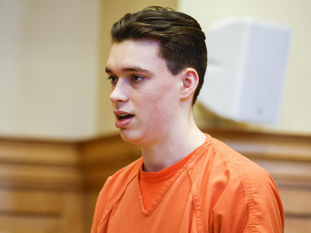 Willard Miller makes a statement during his sentence hearing at the Jefferson County Courthouse in Fairfield, Iowa, Thursday, July 6, 2023. Miller, the first of two Iowa teenagers who pleaded guilty to beating their high school Spanish teacher to death with a baseball bat, was sentenced Thursday to life with a possibility of parole after 35 years in prison.