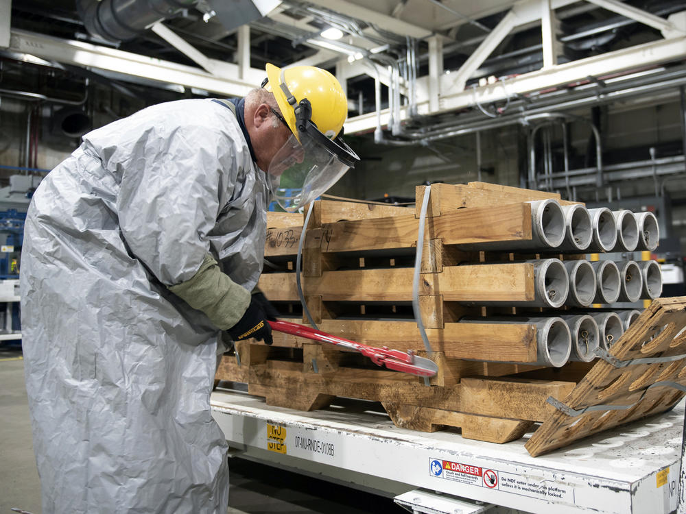 A pallet of M55 rockets containing GB (sarin) nerve agent on July 6, 2022, at the Blue Grass Army Depot near Richmond, Ky. The final rocket was destroyed on July 07.