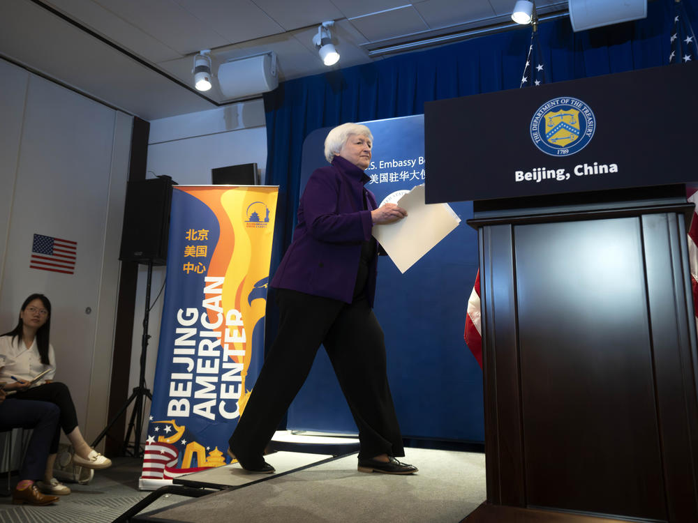 Treasury Secretary Janet Yellen arrives for a news conference at the U.S. Embassy in Beijing, Sunday, July 9, 2023.