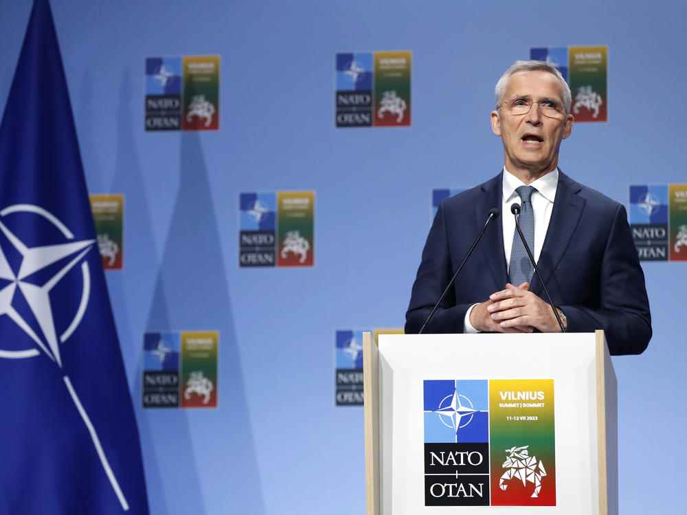 NATO Secretary-General Jens Stoltenberg speaks during a news conference ahead of a NATO summit in Vilnius, Lithuania, Monday. Russia's war in Ukraine will top the agenda when NATO leaders meet in the Lithuanian capital on Tuesday and Wednesday.