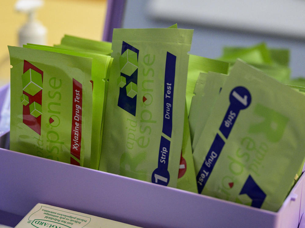 Test strips used to detect fentanyl and xylazine in street drugs, are seen at St. Ann's Corner of Harm Reduction in New York City on May 25, 2023. Overdose deaths involving xylazine have soared.
