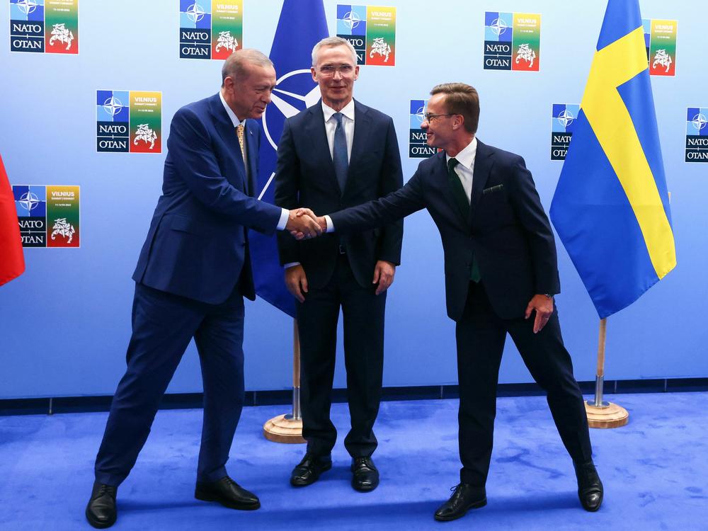 Turkish President Tayyip Erdogan (L) and Swedish Prime Minister Ulf Kristersson shake hands next to NATO Secretary-General Jens Stoltenberg prior to their meeting in Vilnius on Monday.