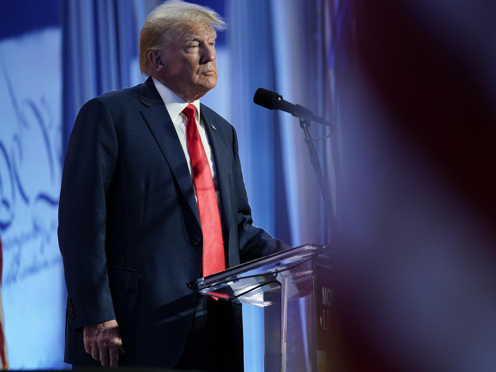 Former President Donald Trump speaks at a Moms for Liberty meeting in Philadelphia on June 30.