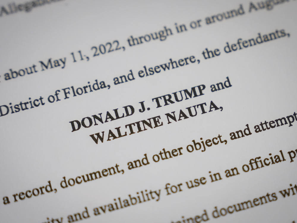Pages from the unsealed federal indictment of former  President Donald Trump. On Monday he asked a Florida judge to delay his trial. Prosecutors asked for it to begin in December.