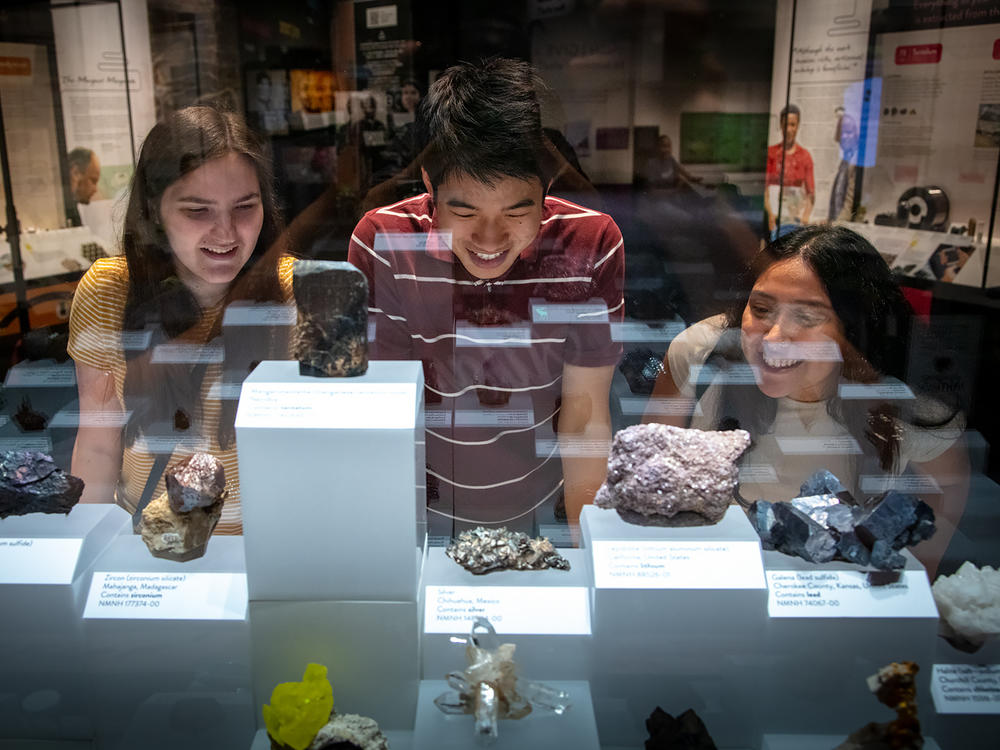 Museum visitors examine some of the minerals on display in <em>Cellphone: Unseen Connections</em> at the National Museum of Natural History in Washington, D.C.