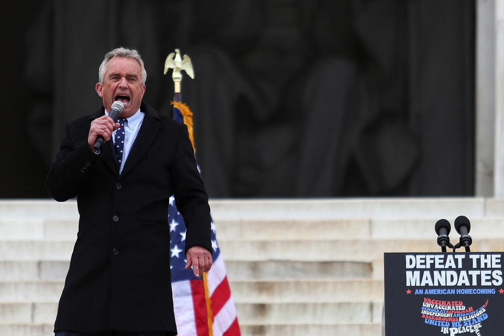 Robert F. Kennedy Jr. speaks during a rally on the National Mall in Washington, D.C., following a march in opposition to COVID-19 mandates on Jan. 23, 2022.