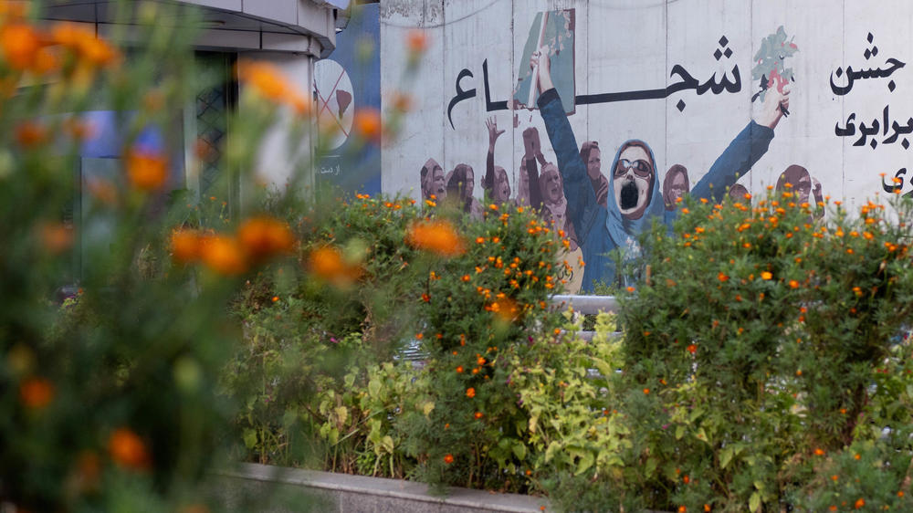 A mural in Afghanistan shows a woman with her arms raised in protest, standing in front of a group of more women protesting. The word 