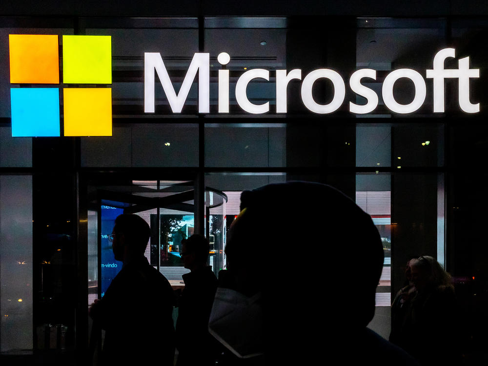 A signage of Microsoft is seen on March 13, 2020 in New York City. The U.S. government and Microsoft recently revealed that Chinese hackers broke in to online email systems and stole some unclassified information.