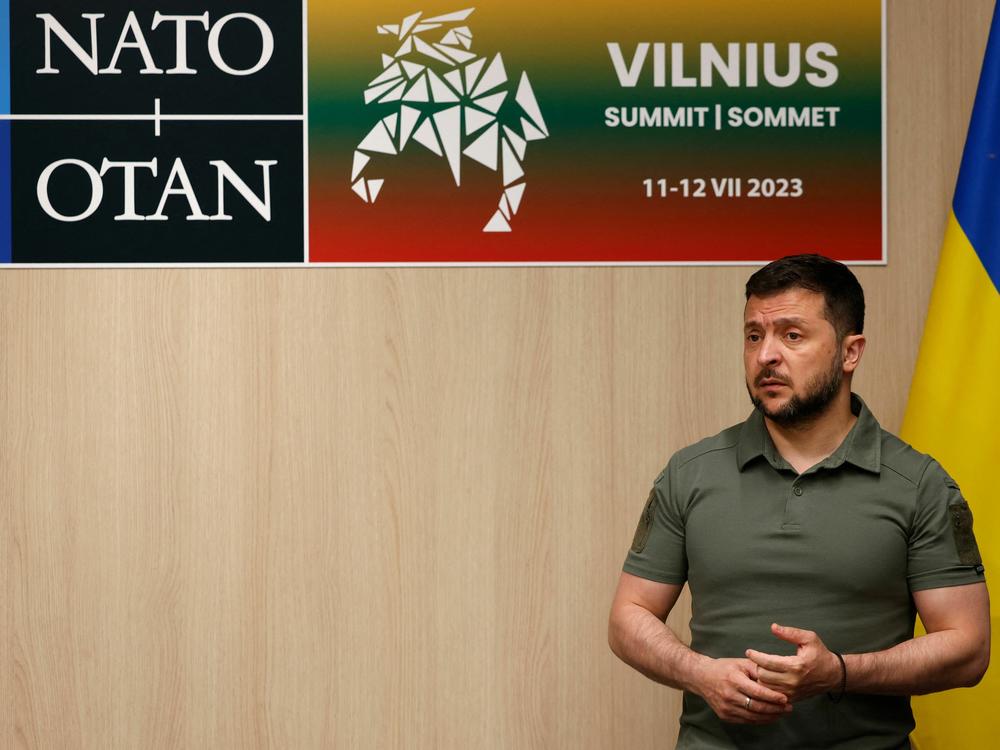 Ukrainian President Volodymyr Zelensky looks on prior to a bilateral meeting with the German chancellor and delegation on the sidelines of the NATO Summit in Vilnius on July 12, 2023.