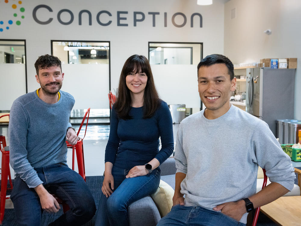 Conception Chief Scientific Officer Pablo Hurtado (from left), Chief Operating Officer Bianka Seres and CEO Matt Krisiloff are working on technology that could create human eggs from blood cells.