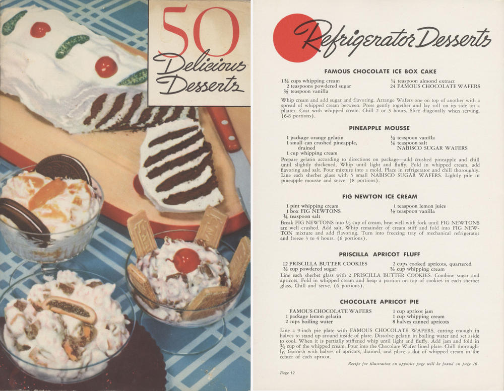 This 1938 Nabisco cookbook features a cover photo of their iconic version of the icebox cake. The recipe inside was later printed on the cookie package itself.