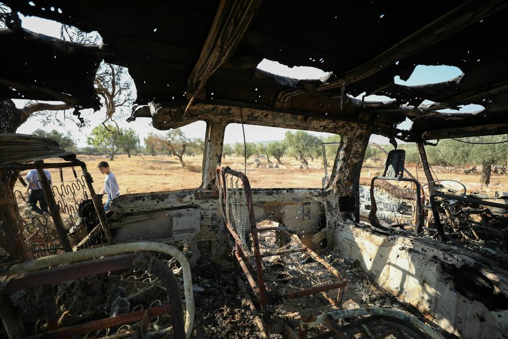 A photo taken on Oct. 27, 2019, shows the inside of the van that Barakat Ahmad Barakat says he was in when it was targeted by U.S. forces the night of the raid on ISIS leader Baghdadi's compound.