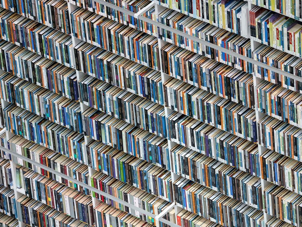 A visitor walks past shelves of books at the Mohammed bin Rashid Library in Dubai in June 2022. The library incorporates technology and artificial intelligence, including robots to help visitors and an electronic book retrieval system. It's just one example of the many ways AI has found its way into the world of books.