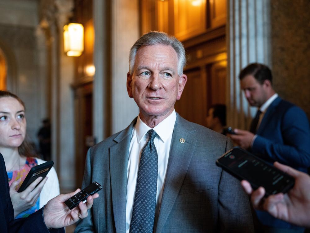 Sen. Tommy Tuberville, R-Ala., speaks to reporters outside the Senate chamber in the Capitol on Thursday,.