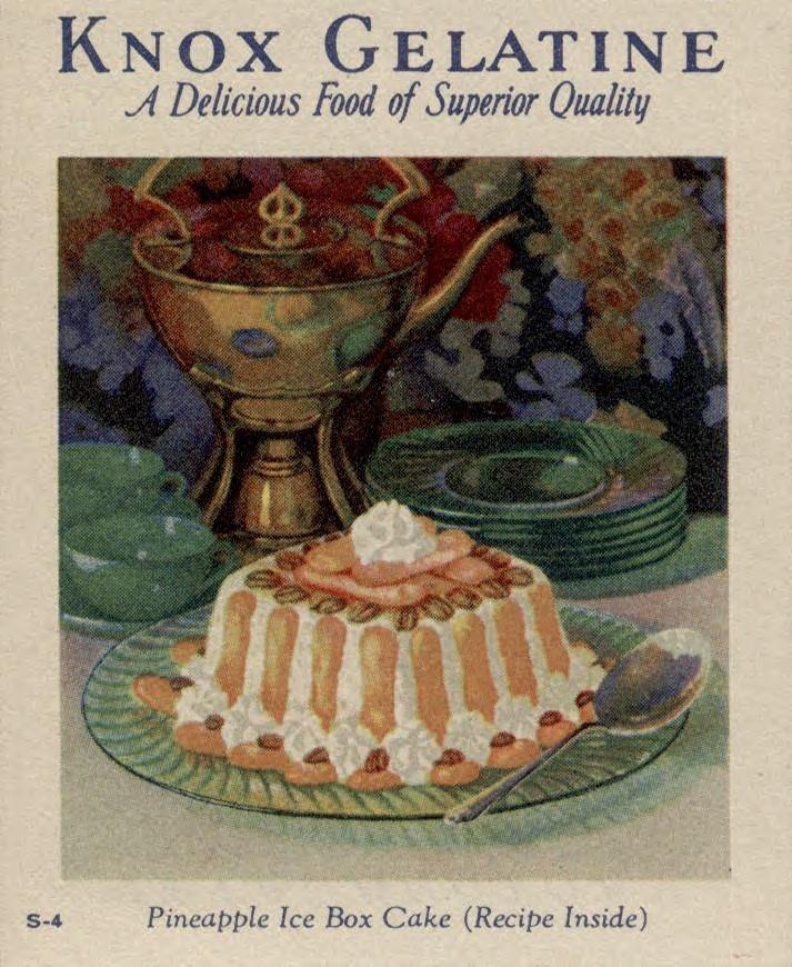 Various food companies came up with recipes tying their products to the icebox cake craze, like this pineapple version in a 1929 Knox Gelatine promotional cookbook.