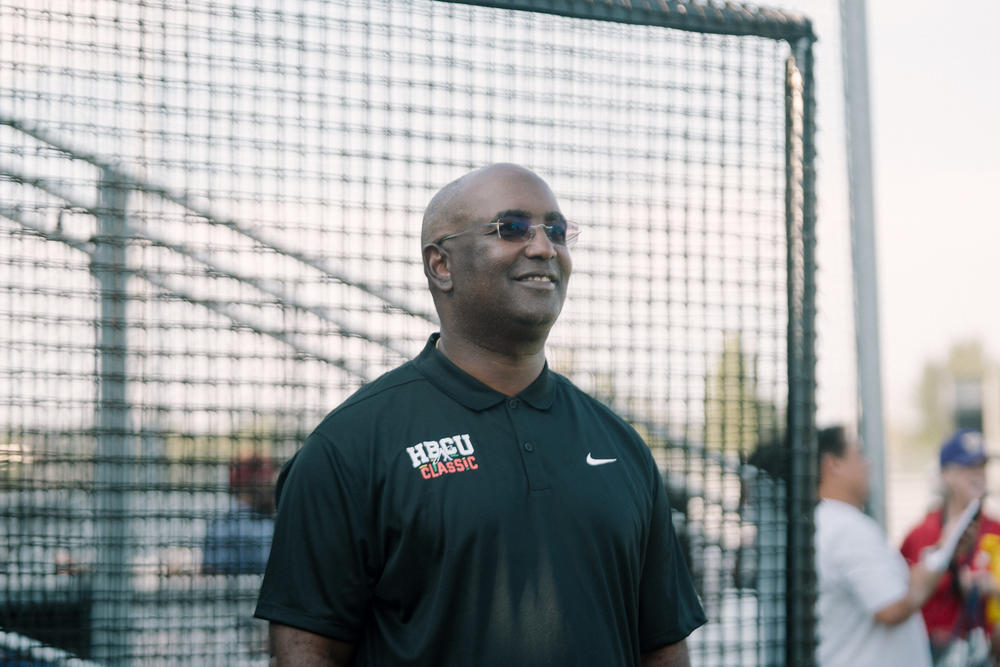 Tony Reagins, Chief Baseball Development Officer at MLB, poses for a portrait at the University of Washington's baseball stadium a day before the inaugural Swingman Classic.