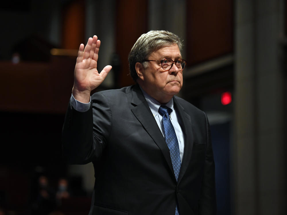 Attorney General William Barr takes the oath before he appears before the House Oversight Committee on July 28, 2020 on Capitol Hill in Washington D.C.