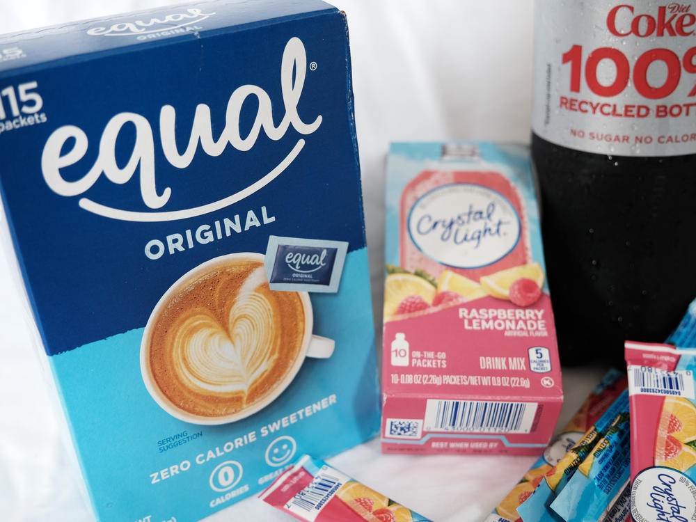 Food products containing the artificial sweetener aspartame are displayed on Friday in New York City.