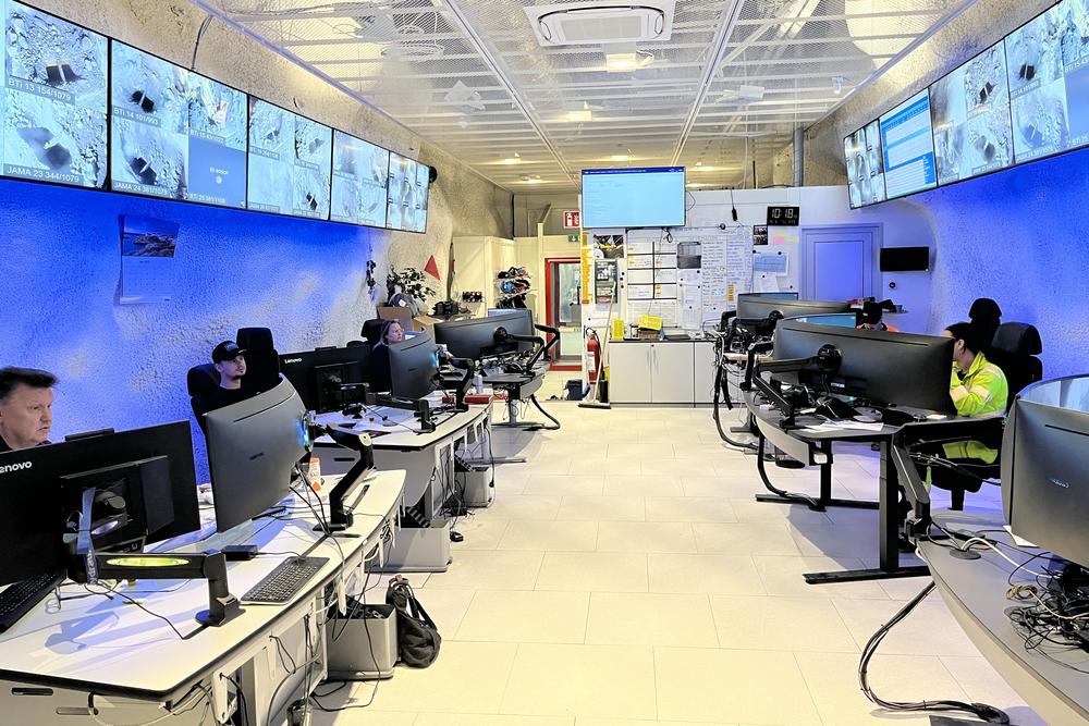 An operations room at the mine. Much of the mining is done remotely, including blasting stone, which happens at 1:30 a.m. every night.