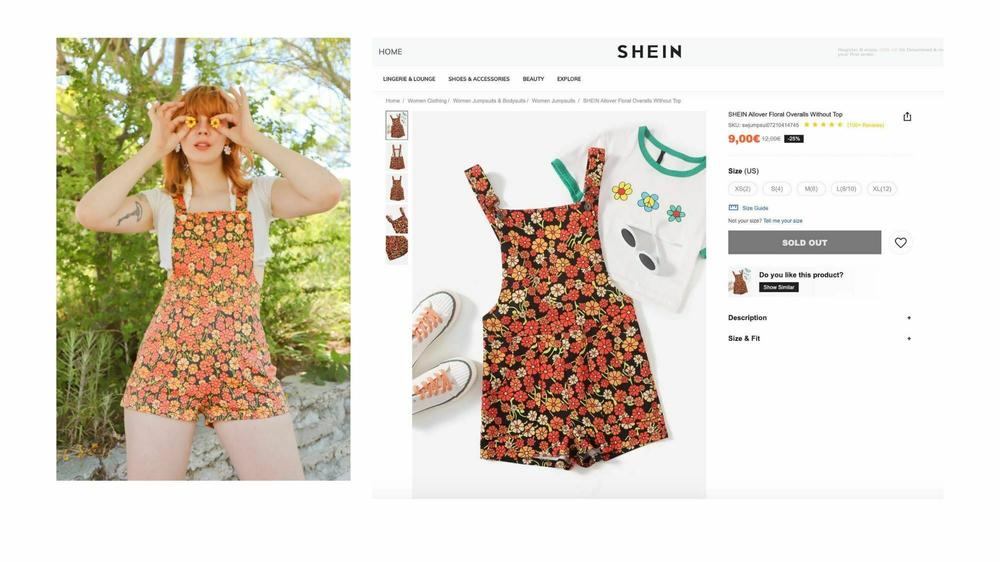Shein is accused in a lawsuit by three independent designers of stealing and making exact copies of their works to sell on its website. On the left is Larissa Martinez's design, and on the right is a Shein product.
