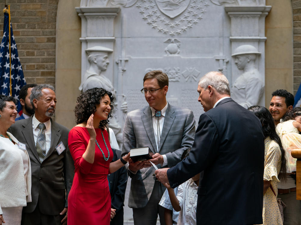 Xochitl Torres Small is sworn in as the Department of Agriculture's deputy secretary at USDA in Washington, D.C., on July 17. She was sworn in by USDA Secretary Tom Vilsack.