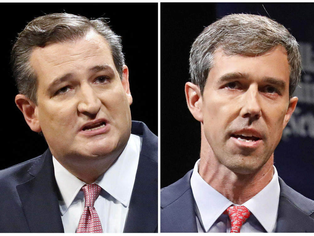 A combination of photos shows Texas U.S. Senate candidates Ted Cruz, the incumbent (left), and former Democratic U.S. Rep. Beto O'Rourke facing off in a debate in Dallas on Sept. 21, 2018.
