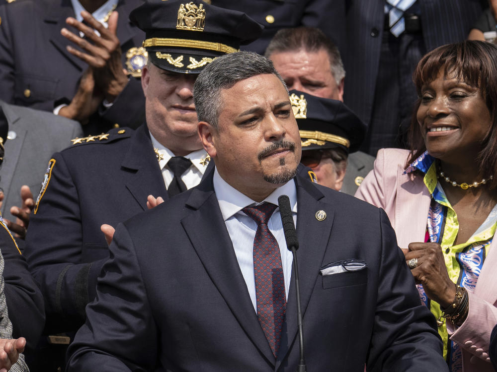 Edward A. Caban speaks after being sworn in as NYPD police commissioner outside New York City Police Department 40th Precinct on Monday, July 17, 2023, in New York.