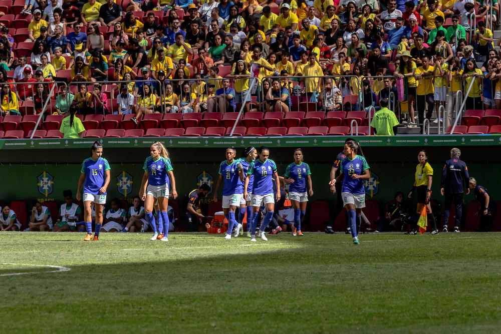 Marta enters the field to play in a friendly match against Chile ahead of the World Cup, in Brasília, Brazil, on July 2.