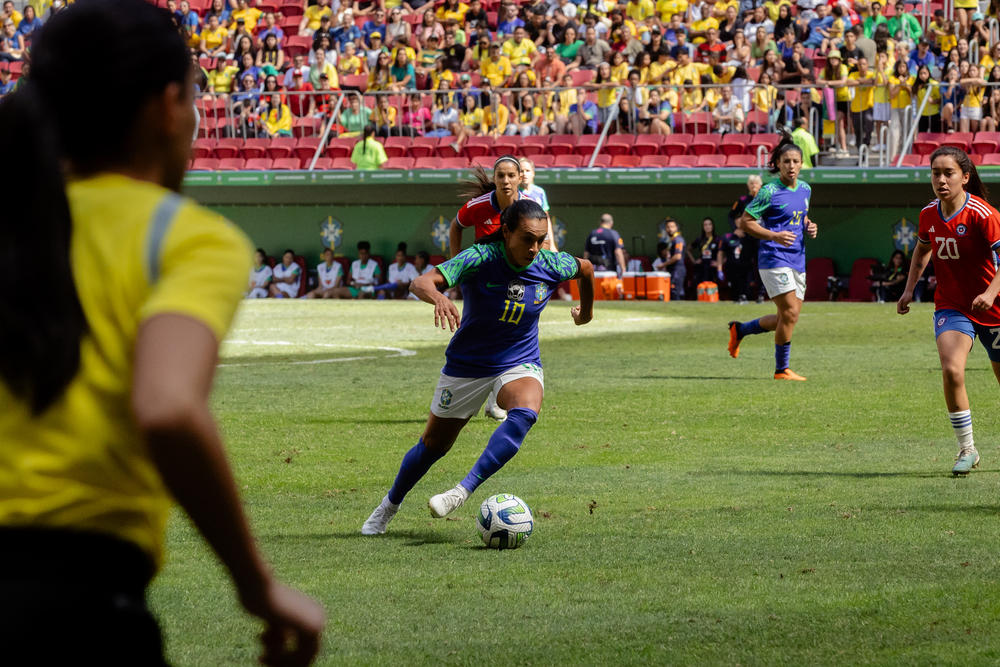 Marta plays with the Brazilian women's soccer team in a friendly match against Chile ahead of the World Cup, in Brasília, on July 2.