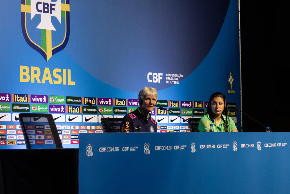 Brazilian women's soccer league coach Pia Sundhage and player Duda Sampaio speak to press after a friendly match against Chile ahead of the World Cup, in Brasília, Brazil, on July 2.