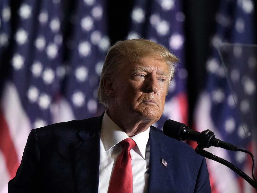 Former President Donald Trump speaks on July 7 in Council Bluffs, Iowa. Trump said Tuesday that he has received a letter informing him that he is a target of the Justice Department's investigation into efforts to undo the results of the 2020 presidential election.