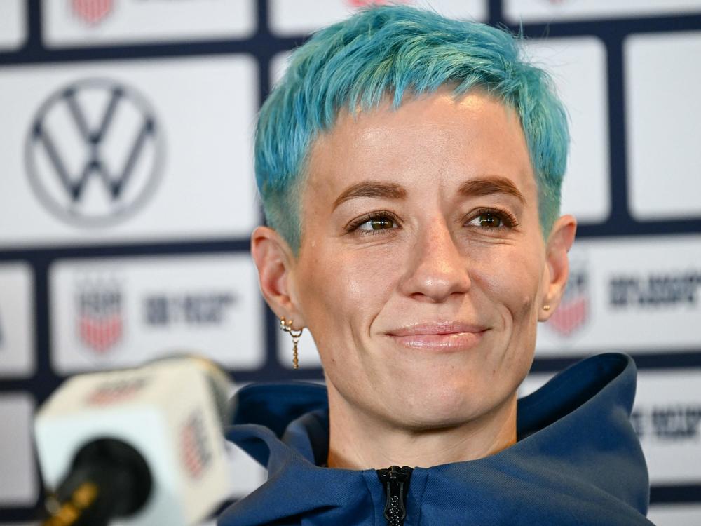 U.S. forward Megan Rapinoe speaks during a press conference in Carson, Calif., in June.