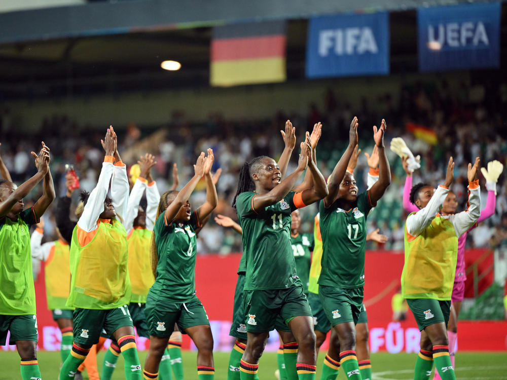 Barbra Banda and her Zambia teammates celebrate after beating Germany at an international friendly on July 7 in Fuerth, Germany.